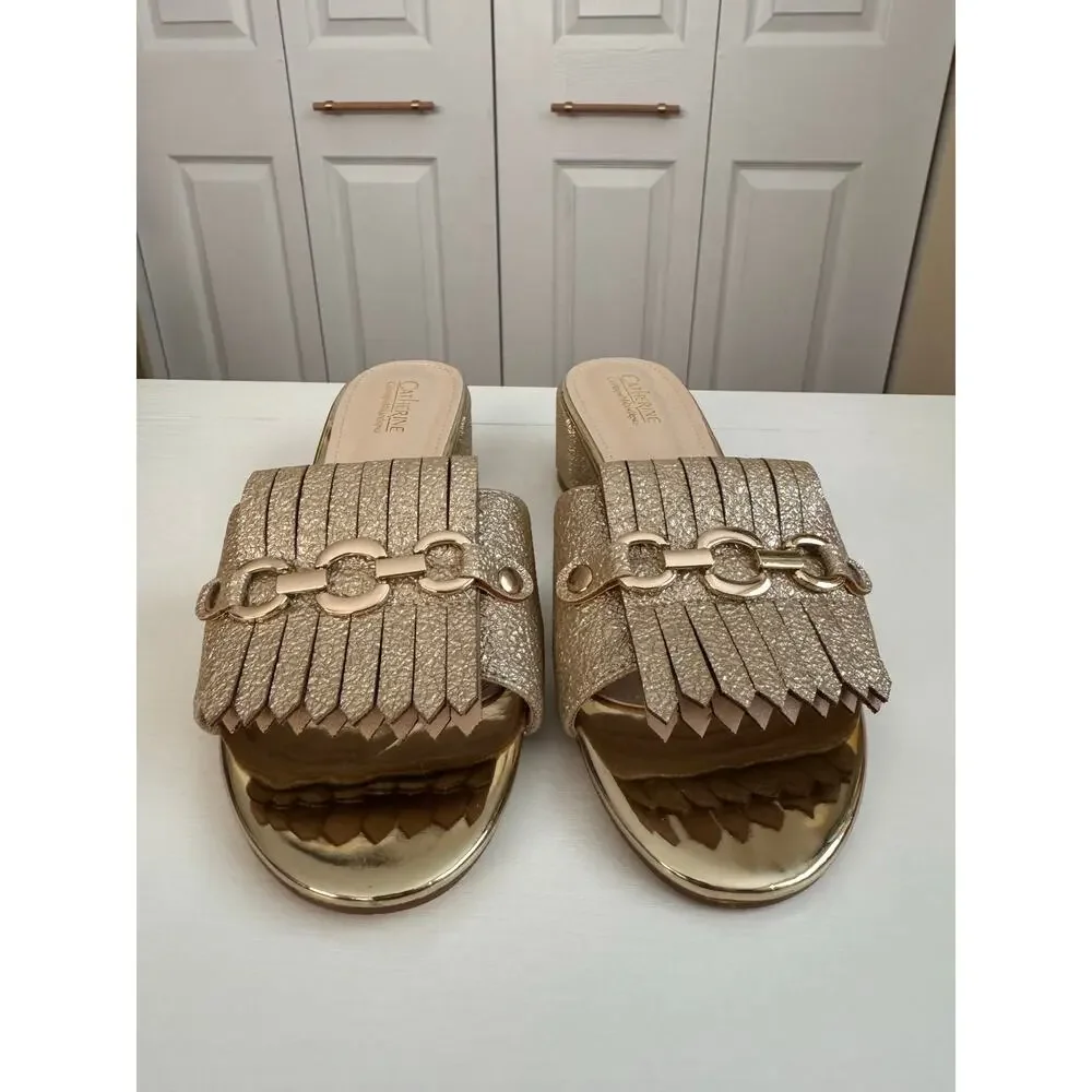 Catherine Malandrino Edelina Gold Fringe Chain Slide Sandals 7.5